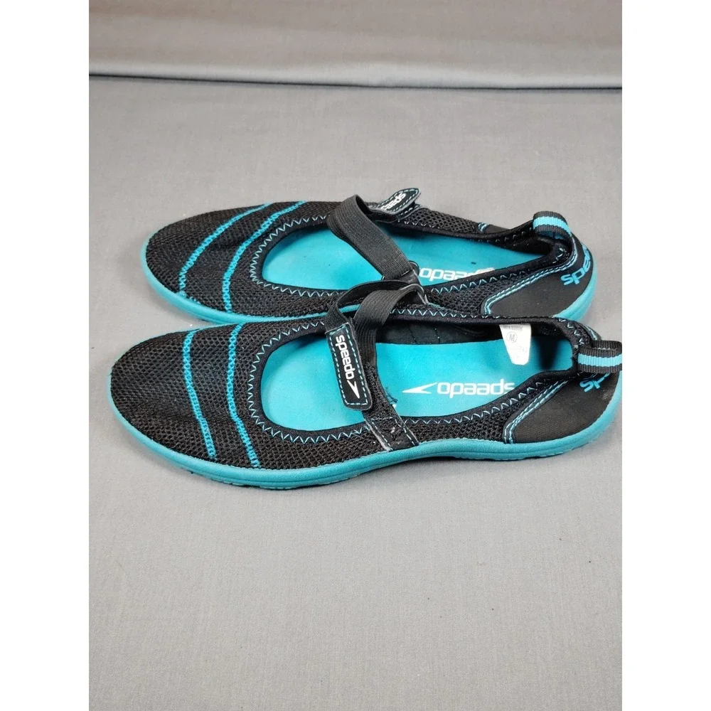 Speedo Water Shoes Black Teal Mesh Slip-On Adjustable Strap‎ Women 8 Anti Slip